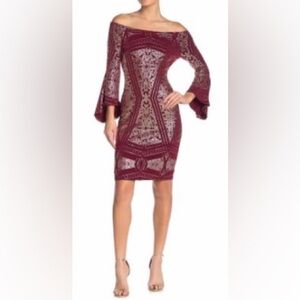 Jump Apparel Size XXL Burgundy & Gold Off The Shoulder Bell Sleeve Dress